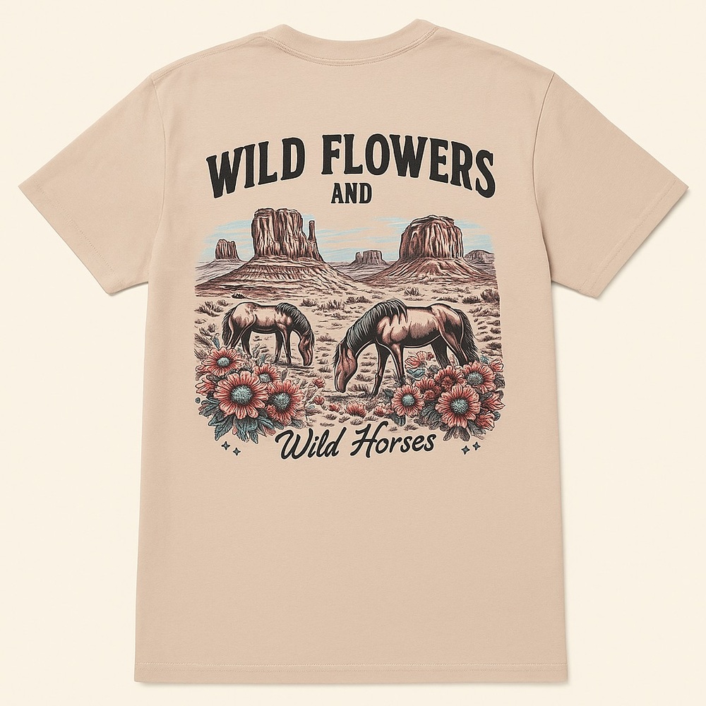 Beige Graphic Tee - Wild Flowers and Horses